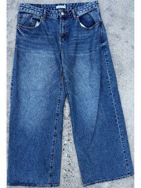 S.O.N.G. Blue Denim Jeans 100% Cotton Wide Leg 9/29 Zip Fly Faded Thigh